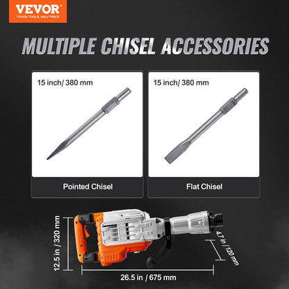 VEVOR Demolition Jack Hammer, 3500W Jack Hammer Concrete Breaker 1900 BPM Heavy Duty Electric Jack Hammer, 2pcs Chisel w/Gloves & 360°C Swiveling Front Handle for Trenching and Breaking Holes