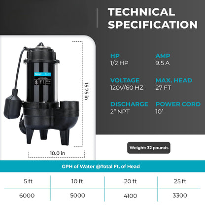 LEO 1/2 HP Sewage/Effluent Pump, 6000 GPH Submersible Basement Sewer Pump with 10ft Auto Float Switch, Cast Iron Sump Ejector, 2'' NPT for Sewage Basin, 115V