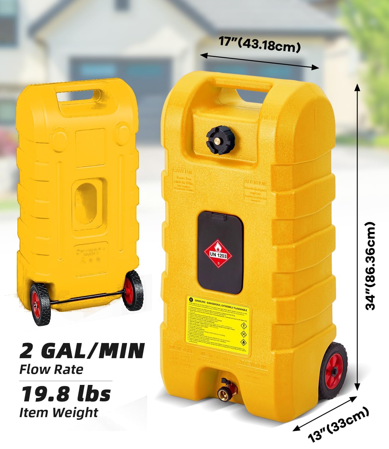 Garvee Heavy Duty 15 Gallon Gas Can Yellow, Fuel Caddy with Manual Fuel Transfer Pump, Portable Fuel Tank on Wheels with 10 ft Hose for Lawn Mowers, Cars, Boats, UTVs, Home and Farm Use