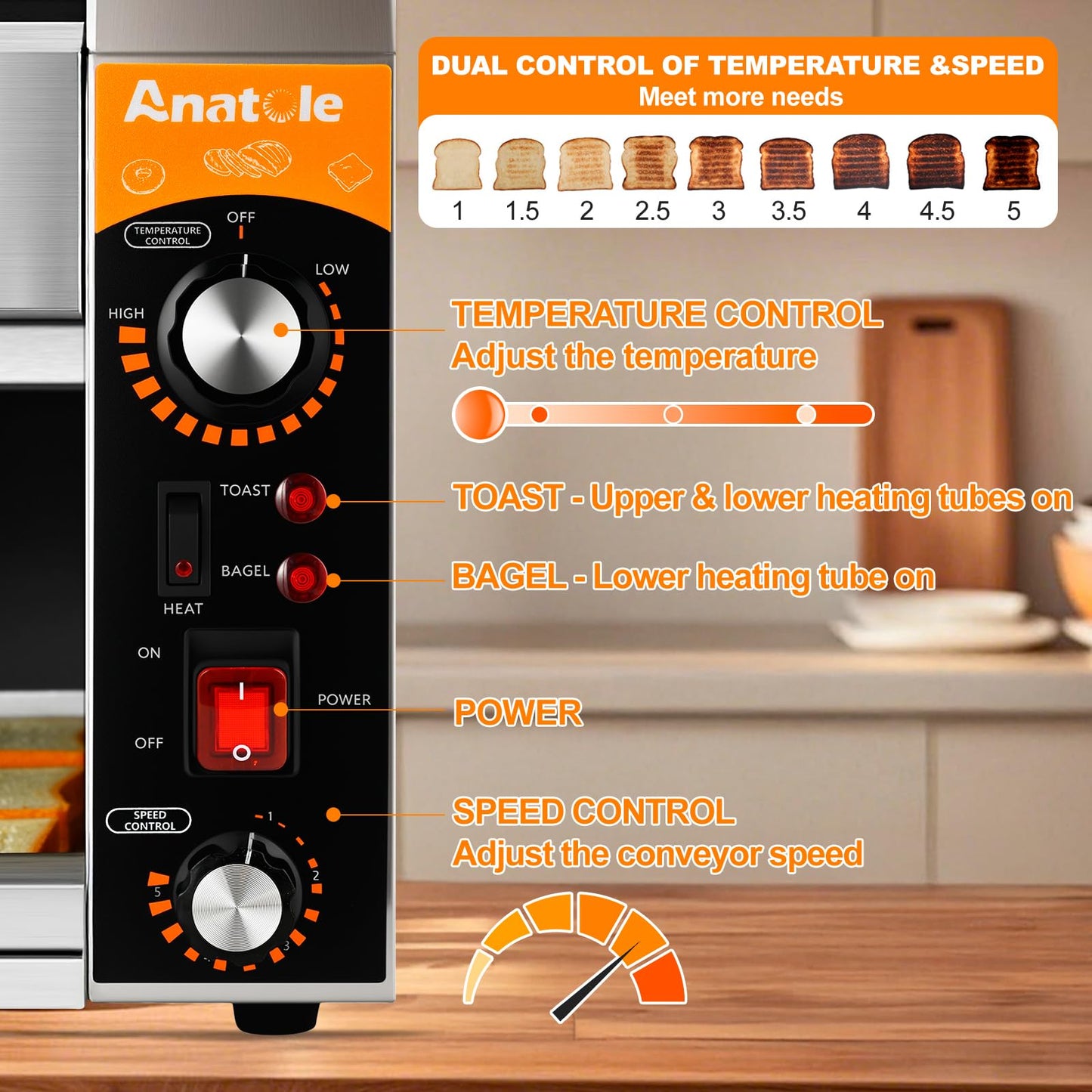 Anatole Commercial Conveyor Toaster 400 Slices/Hour Stainless Steel Electric Toaster Oven Heavy Duty 1700W for Bun Bagel Bread Waffle Coissant Buffet Restaurant Cafe Hotel