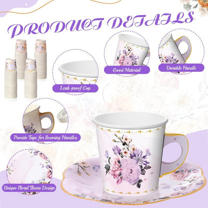Umigy 60 Set 6.5 oz Floral Paper Tea Cups with Handle and Plates Tea Party Decorations with Tape Disposable Blossom Teacups and Saucers Sets for Hot Cold Birthday Drink(Elegant)