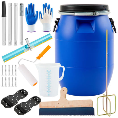 Leriton 20 Pcs Self Leveling Cement Tools Kit, 15.8 Gallon Mixing Barrel with Lid and Handles, 9'' Epoxy Roller, Shoes Spikes, Mixer Rod, Measuring Cup with Lid, Scraper, Epoxy Floor Leveling Kit