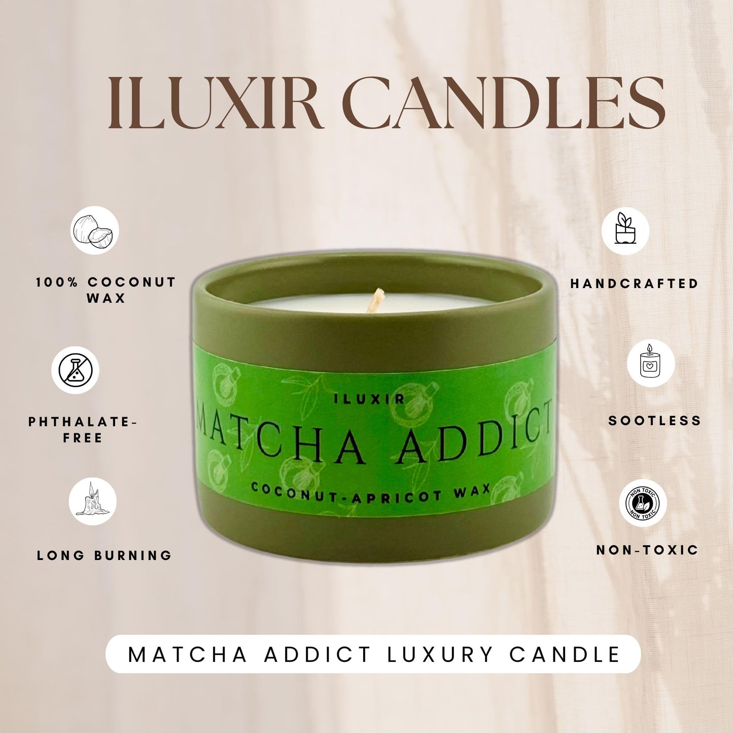 ILUXIR Matcha Scented Candle – Green Tea Citrus Sandalwood Aromatherapy Candle, Long Burning, Hand-Poured Coconut Apricot Wax, Non-Toxic, Cruelty-Free - 5 oz for Matcha Enthusiasts
