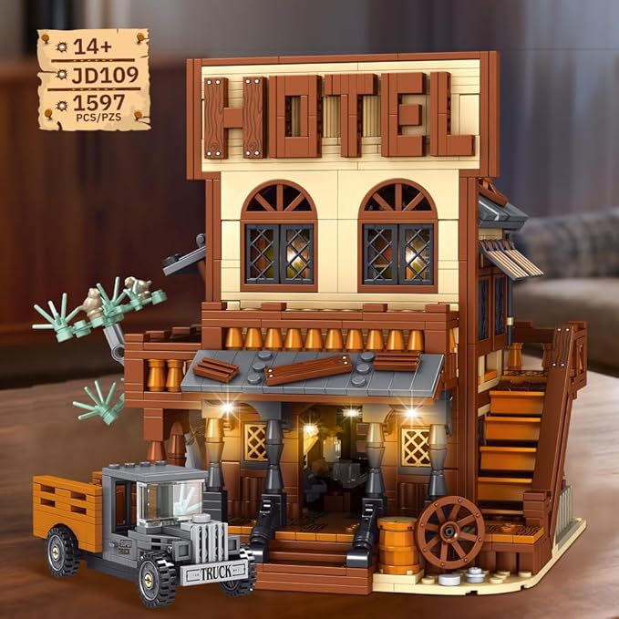 39115 Cowboy City Hotel Building Set with LED Wild West Western Modular Street Scene Model Creative Architecture Kit for Adults 1597 PCS