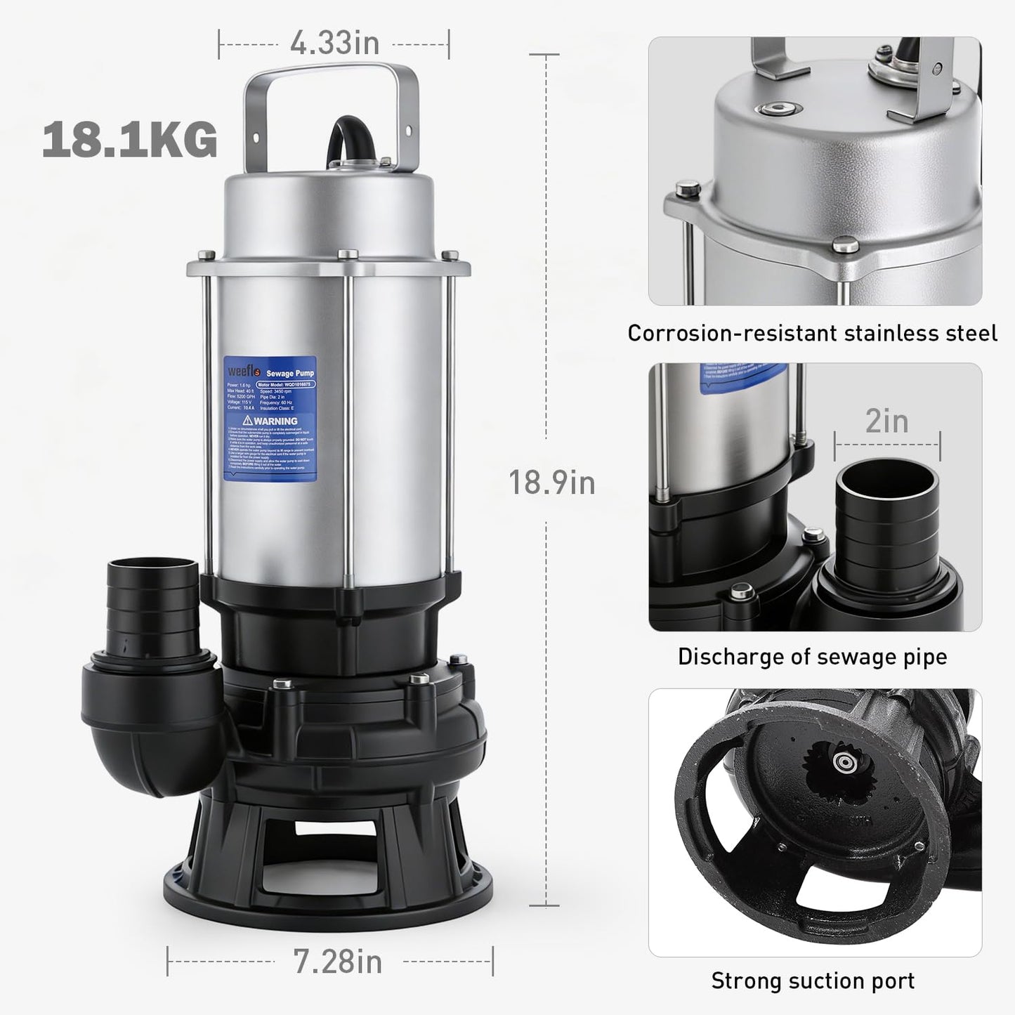 Weeflos 1.6HP 5200GPH Sewage Grinder Pump Stainless Steel Effluent Pump with Auto Float Switch for Basement Sump Basin and Sewage Well Pre-wired (16M) with a 3-Point Plug