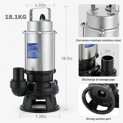 Weeflos 1.6HP 5200GPH Sewage Grinder Pump Stainless Steel Effluent Pump with Auto Float Switch for Basement Sump Basin and Sewage Well Pre-wired (16M) with a 3-Point Plug