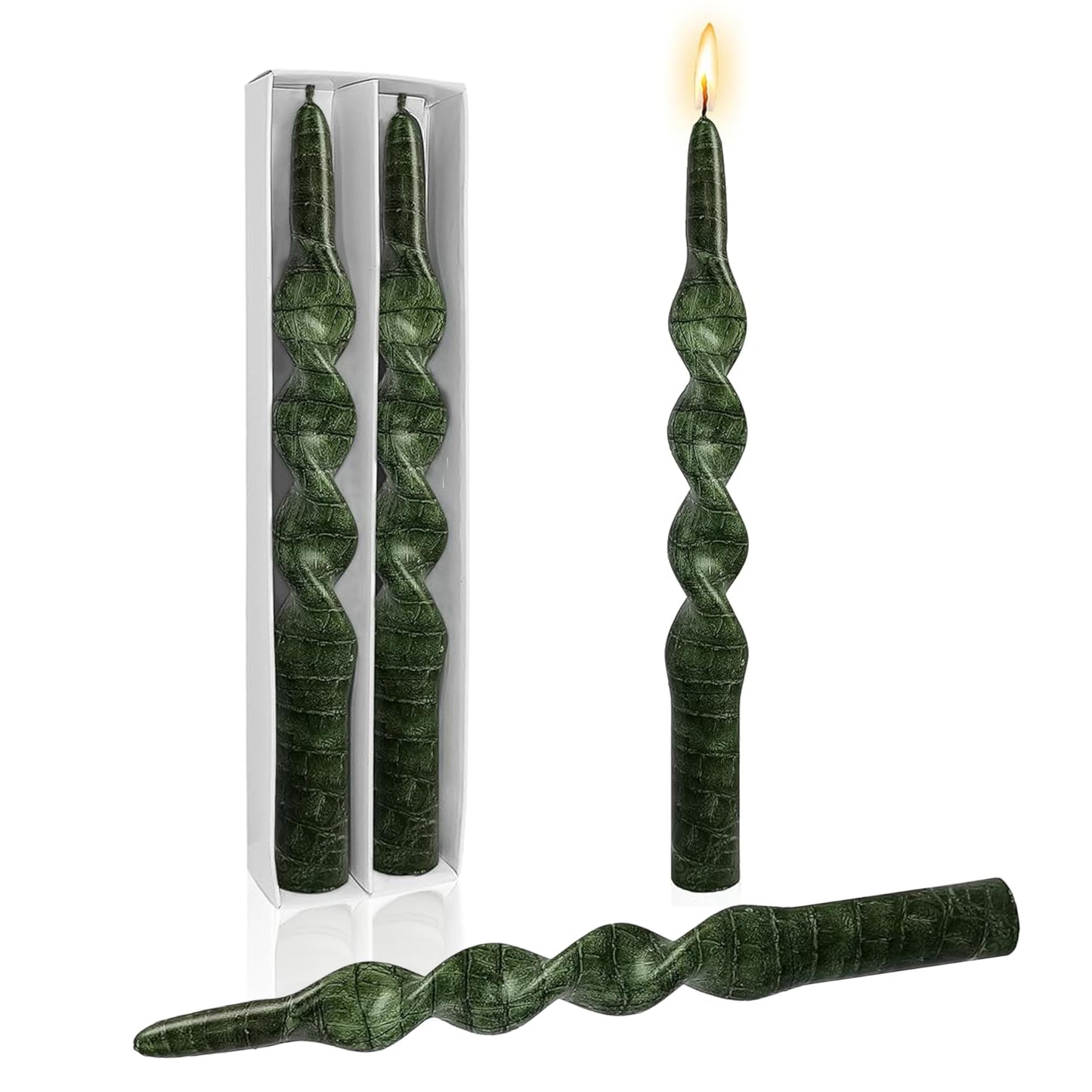 Snake Pattern Spiral Taper Candles Set of 2, 10 Inch Green Handmade Candle Stick, Unscented Twisted Candles, Tapered Candles for Wedding Dinner Home Decor Gift