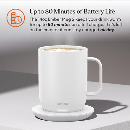 Ember Temperature Control Smart Mug 2, 14 Oz, App-Controlled Heated Coffee Mug with 80 Min Battery Life and Improved Design, White