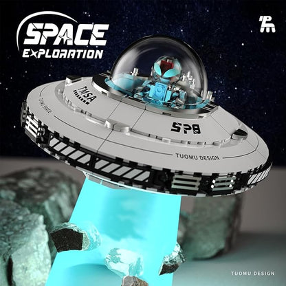 UFO Spaceship Building Block Set Creative UFO&ampAlien Building Set Space Exploration Spaceship Brick Dual LED Lights and Transparent Base Model for UFO Lover CollectionGifts for Ages 8+