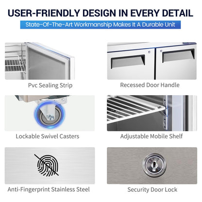 kalifon 60" W 2 Door Refrigerator Sandwich Salad Prep Table Commercial Stainless Steel Fan Cooling Refrigerator with Cutting Board, 2 Shelves & 16 Pans for Restaurant, Bar, Shop-16.4 Cu.ft