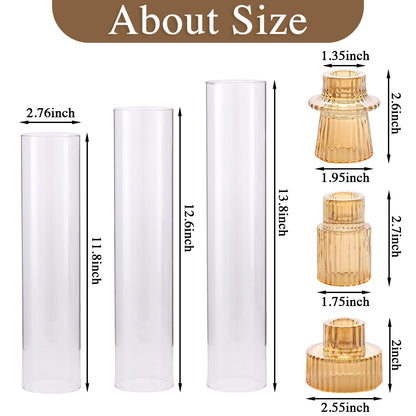 NITIME 9 Set Hurricane Glass Candle Holders for Table Centerpieces, Gold Candlestick Holders with Windproof Cylinder Covers(11.8"/12.6"/13.8" H), Taper Candle Holders for Wedding, Party and Home Decor