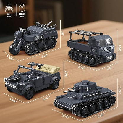 4 IN 1 WW2 Army Tanks Toy Building Block Set(1089 Pcs)Compatible with LegoCreate German 38T-A Light Tank&amp3 German Style Small Military Vehicles Models Great Military Toy Gift for Boy Age 6+ Year