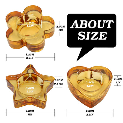 Votive Candle Holders Set of 12 for Table Centerpiece（3 Sizes,Heart/Flower/Star,Amber Glass Tea Light Candle Holders Bulk for Birthday Party,Wedding,Fall Home Decor, Festival Decorative(Amber)