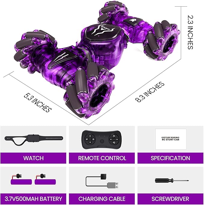 Tecnock Remote Control Car for Boys Girls 2.4GHz 4WD Gesture Sensing RC Stunt Car Toys - 360° Rotating Double Sided Hand Controlled RC Cars with LED Lights Gifts for Kids Ages 6-8 8-12