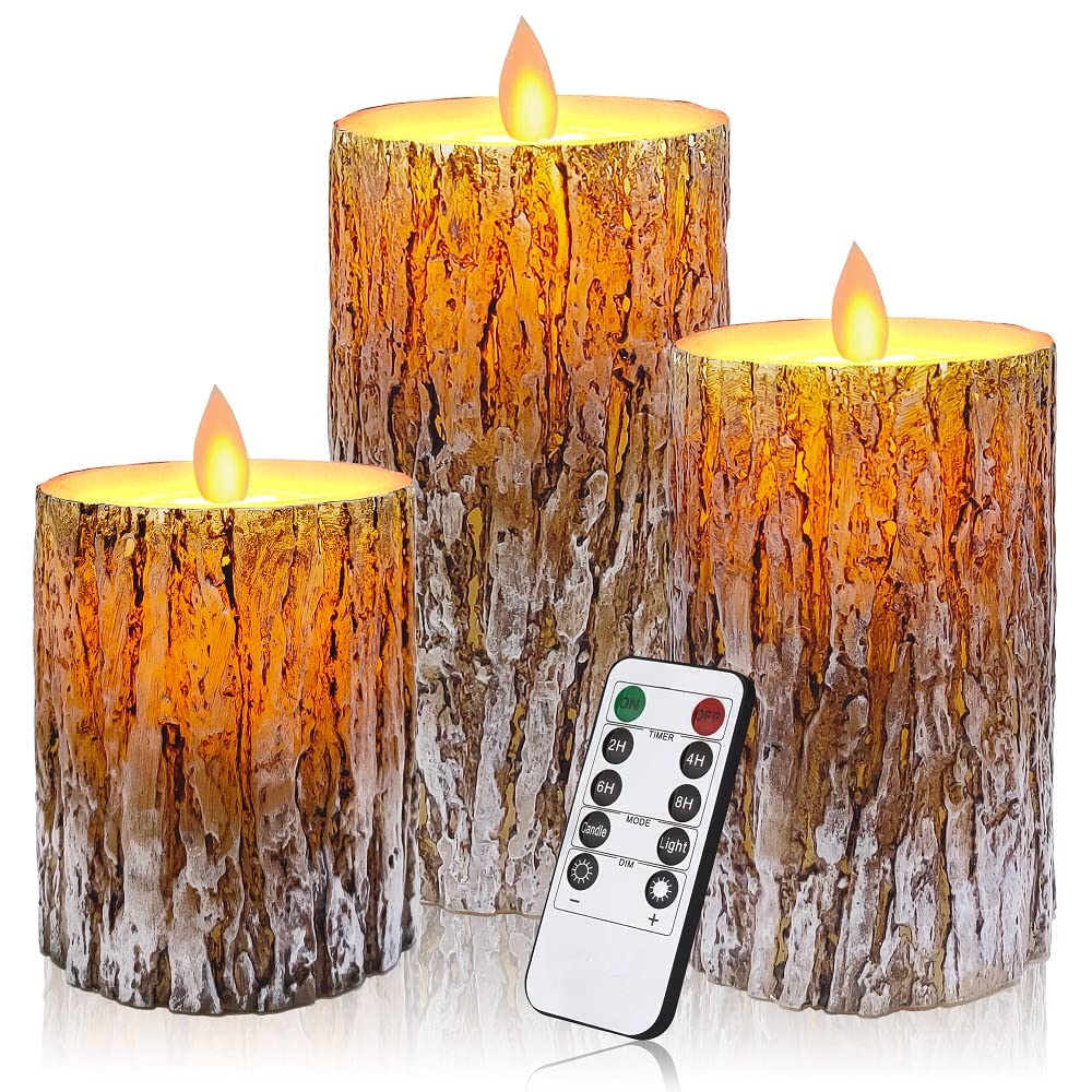MIVITOOM Pine Bark LED Flameless Pillar Candles Battery Operated with Flickering Warm Yellow Light Moving Wicks, Pack of 3 (D 3”×H 4”5”6”) Real Wax Candles with Timer and Remote Control
