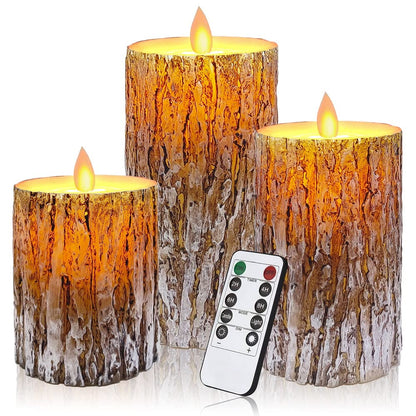 MIVITOOM Pine Bark LED Flameless Pillar Candles Battery Operated with Flickering Warm Yellow Light Moving Wicks, Pack of 3 (D 3”×H 4”5”6”) Real Wax Candles with Timer and Remote Control