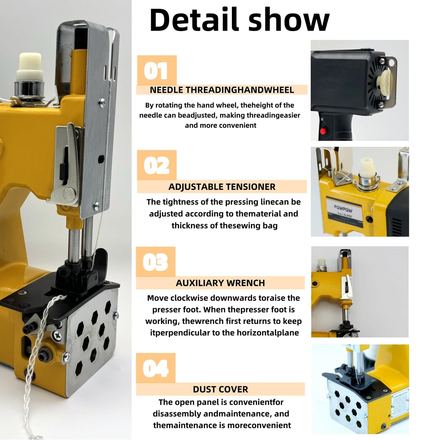 Bag Sewing Machine, 2s/bag Portable Bag Sewing Machine, Industrial Bag Closing Machine for Packing Woven Bags Non-woven Fabrics Leather (Yellow, Lithium Battery - 36V)