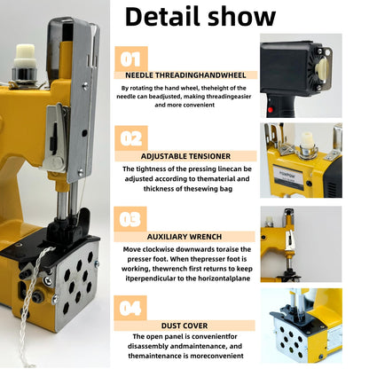 Bag Sewing Machine, 2s/bag Portable Bag Sewing Machine, Industrial Bag Closing Machine for Packing Woven Bags Non-woven Fabrics Leather (Yellow, Lithium Battery - 36V)