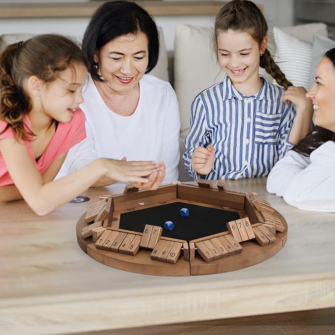Shut The Box Game for 1-6 Players Plusvivo Large Round Wooden Board Dice Game with 14 Dice for Adults 6 Way Clever Math Game for Home Classroom or Pub