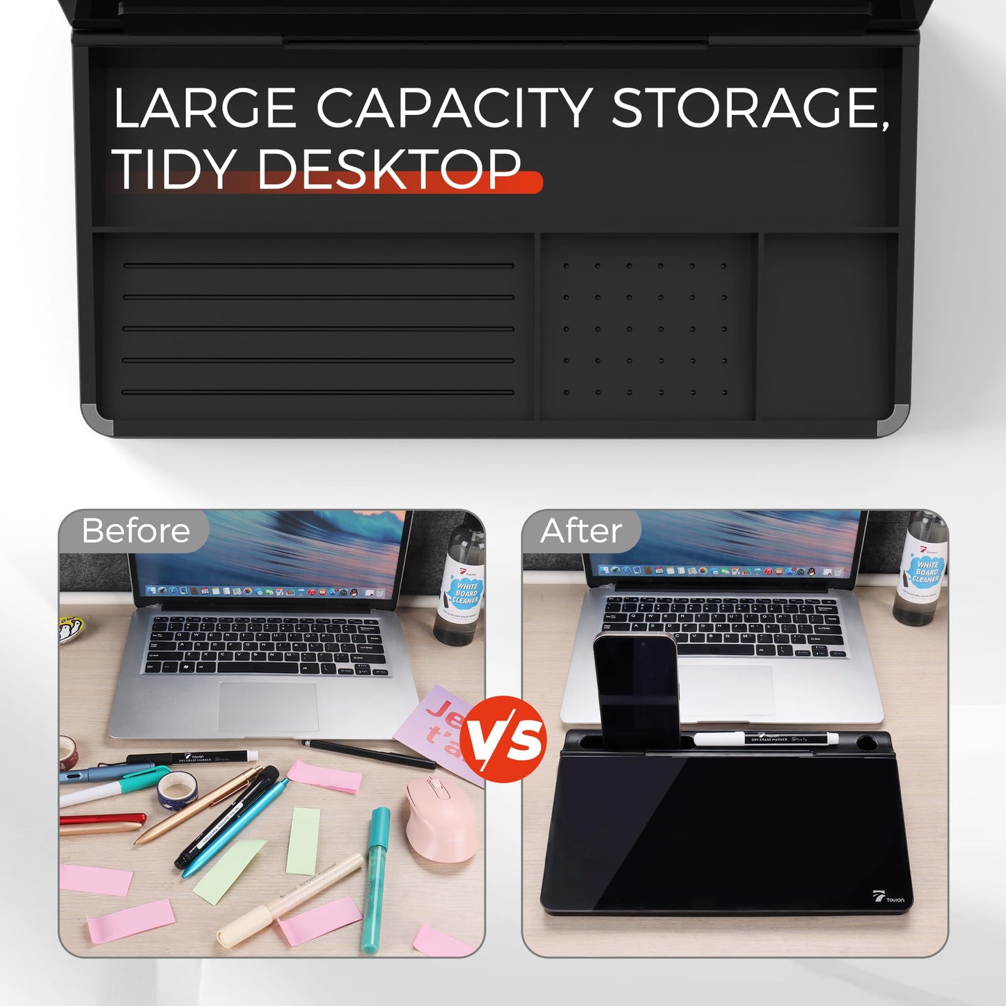 TOWON Small Compact Glass Desktop Whiteboard with Storage – 12 x 7 in Dry Erase Board for Desk, Home Office, School | Includes 5 Markers, Eraser & Holder | Space-Saving Organizer, Aesthetic Black