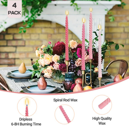 10 Inch Cream Spiral Taper Candles for Home Decoration, 4 Pack Pink-Gradient Candlesticks for Dinner Party Wedding Holiday