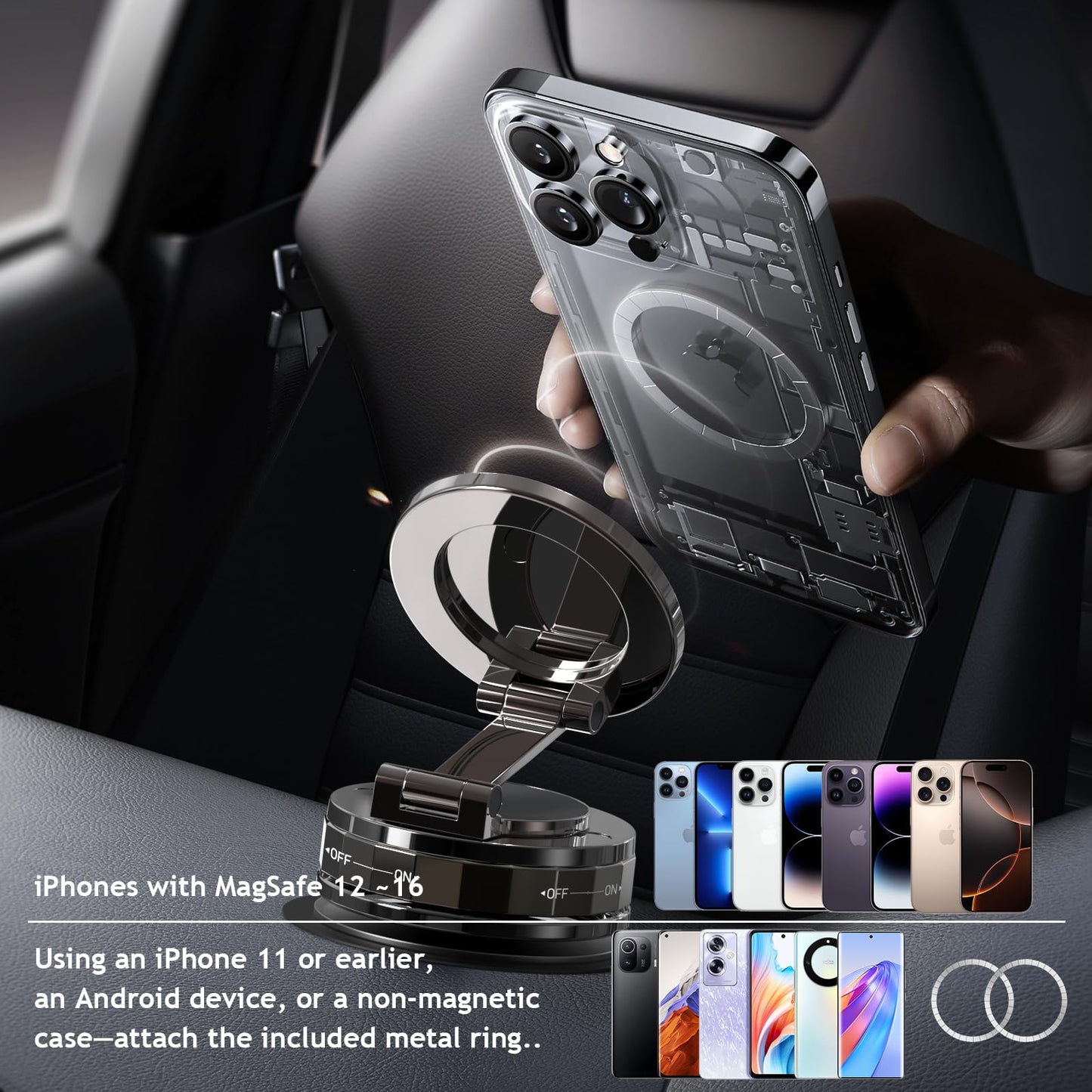 Phone Holders for Your Car, Compatible with MagSafe, Ultra Vacuum Suction Cup Mount, 360° Rotation, Car Phone Holder Compatible with All Models, Carbon Fiber Coffee