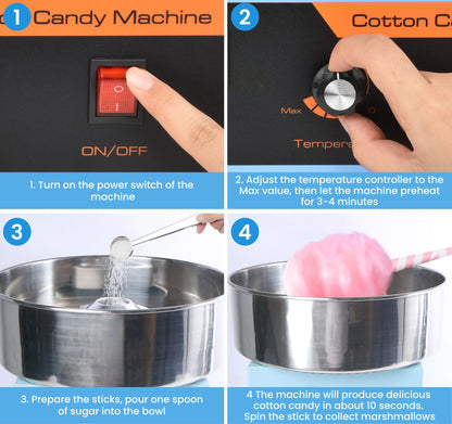 Cotton Candy Machine Commercial, 1000W Professional Cotton Candy Machine, Cotton Candy Maker with Stainless Steel Bowl, Bowl Cover and Sugar Scoop for Kids Birthday, Family Party, Festival (Blue)