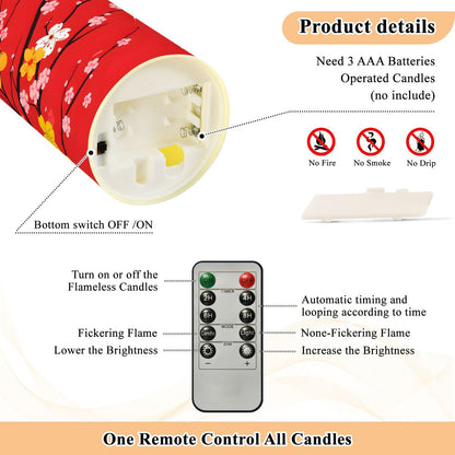 ALAZA Red Cherry Blossom Japanese01 Flickering Flameless Candles Battery Operated with Remote Timer,Tea Light Candles LED Pillar Votive Set of 2 for Outdoor Indoor Decorations 3" x5.9"