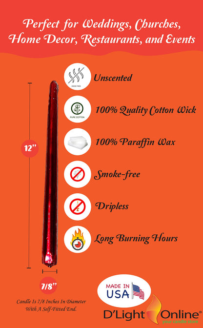 D'light Online Elegant 12" Unscented Metallic Red Taper Candles, Premium Quality Hand-Dipped Tapered Candles, Dripless and Smokeless - Set of 12 (12 Inch, Metallic Red)