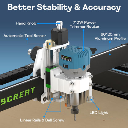 Axiscreat CNC Router Machine 6060, Beginner Hobby Engraving Machines, 710W Power Trimmer Router, Linear Rails and Belt Driven, 3-Axis Cnc Milling Machine for Wood, Acrylic, and MDF Carving