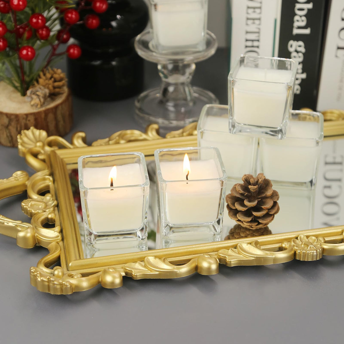 12 Pack White Small Square Glass Candles, Unscented Votive Candles, for Outdoor Dinner Party, Patio, Glamping Essentials, Outside