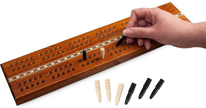 Sterling Games Extra Large Extra Long Cribbage 16 Wooden Game Board 2 Persons Double Track Board with 1/4 Holes and Italian Inlaid Large Wooden Pegs Great for Seniors and Children