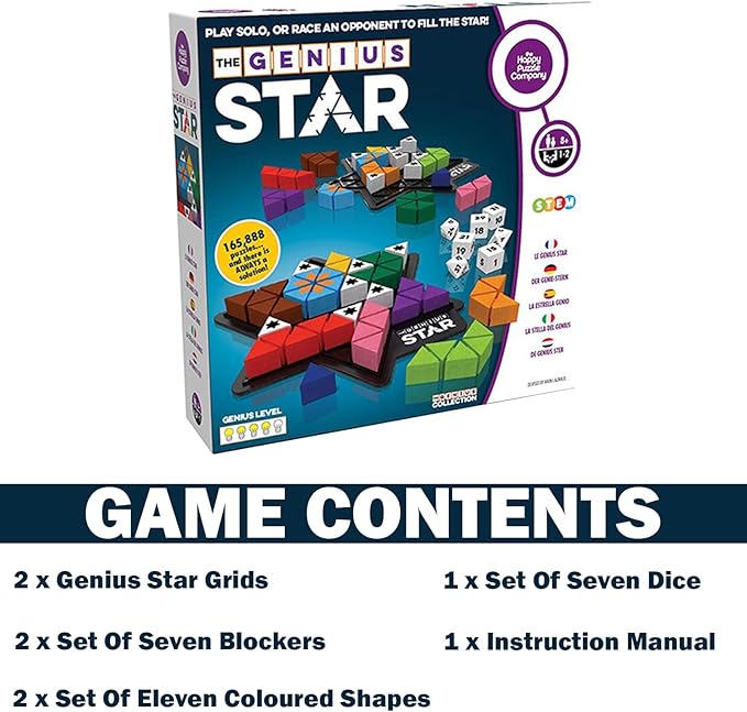 The Happy Puzzle Company The Genius Star | Toy of The Year Award Winning Family Board Game | 165888 Possible Puzzles | Filling in Colored Shapes | Blockers to Complete A Star | Golden Star Twist