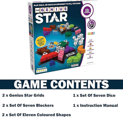 The Happy Puzzle Company The Genius Star | Toy of The Year Award Winning Family Board Game | 165888 Possible Puzzles | Filling in Colored Shapes | Blockers to Complete A Star | Golden Star Twist
