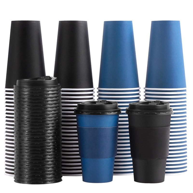 SIUQ 100 Pack 16 oz Disposable Coffee Cups with Lids and Sleeves, To Go Paper Cups, Hot & Cold Drinking Cups for Tea, Coffee, Water, Hot Chocolate, Paper Coffee Cups Ideal for Home,Cafes,Store