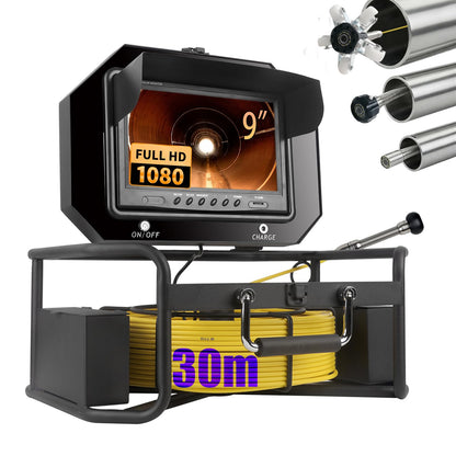 9 inch Monitor 100ft/30m Pipe Inspection Video Camera,IP68 Waterproof 1080P Drain Sewer Pipeline Industrial Endoscope System with Distance Mark Camera DVR Recorder