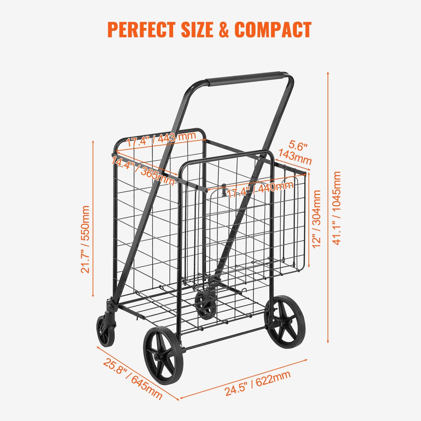 VEVOR Folding Shopping Cart, Jumbo Grocery Utility Cart with Double Baskets, 360° Swivel Wheels, 110 LBS Large Capacity Heavy Duty for Laundry, Shopping, Grocery, Luggage, Black