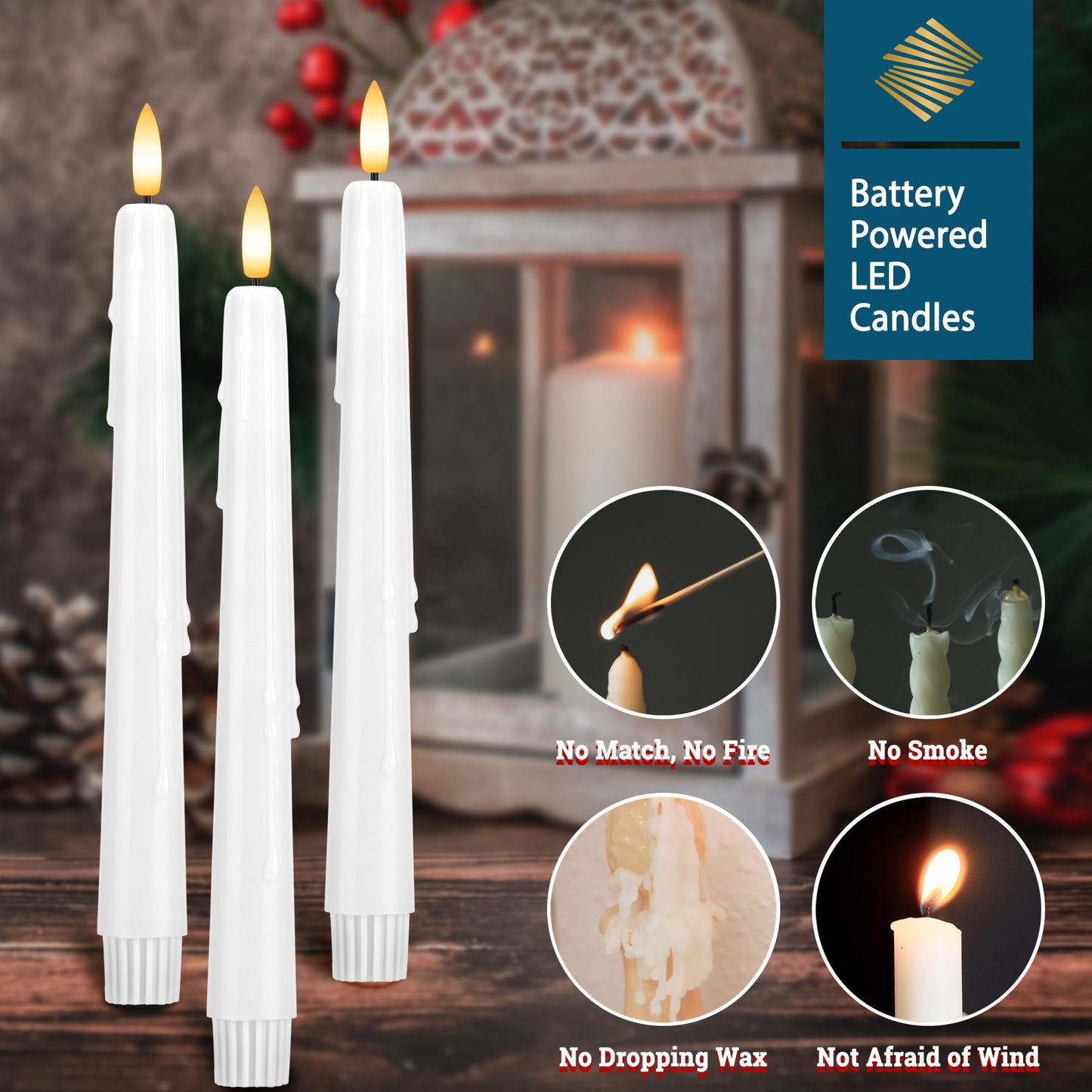 SEHNSY Dripless Flameless Taper Candles 9.6", Battery Operated LED Candles with Remote and Timer, Unique Candlesticks with 3D Flame for Wedding Decor, 6 Pack White