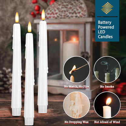 SEHNSY Dripless Flameless Taper Candles 9.6", Battery Operated LED Candles with Remote and Timer, Unique Candlesticks with 3D Flame for Wedding Decor, 6 Pack White