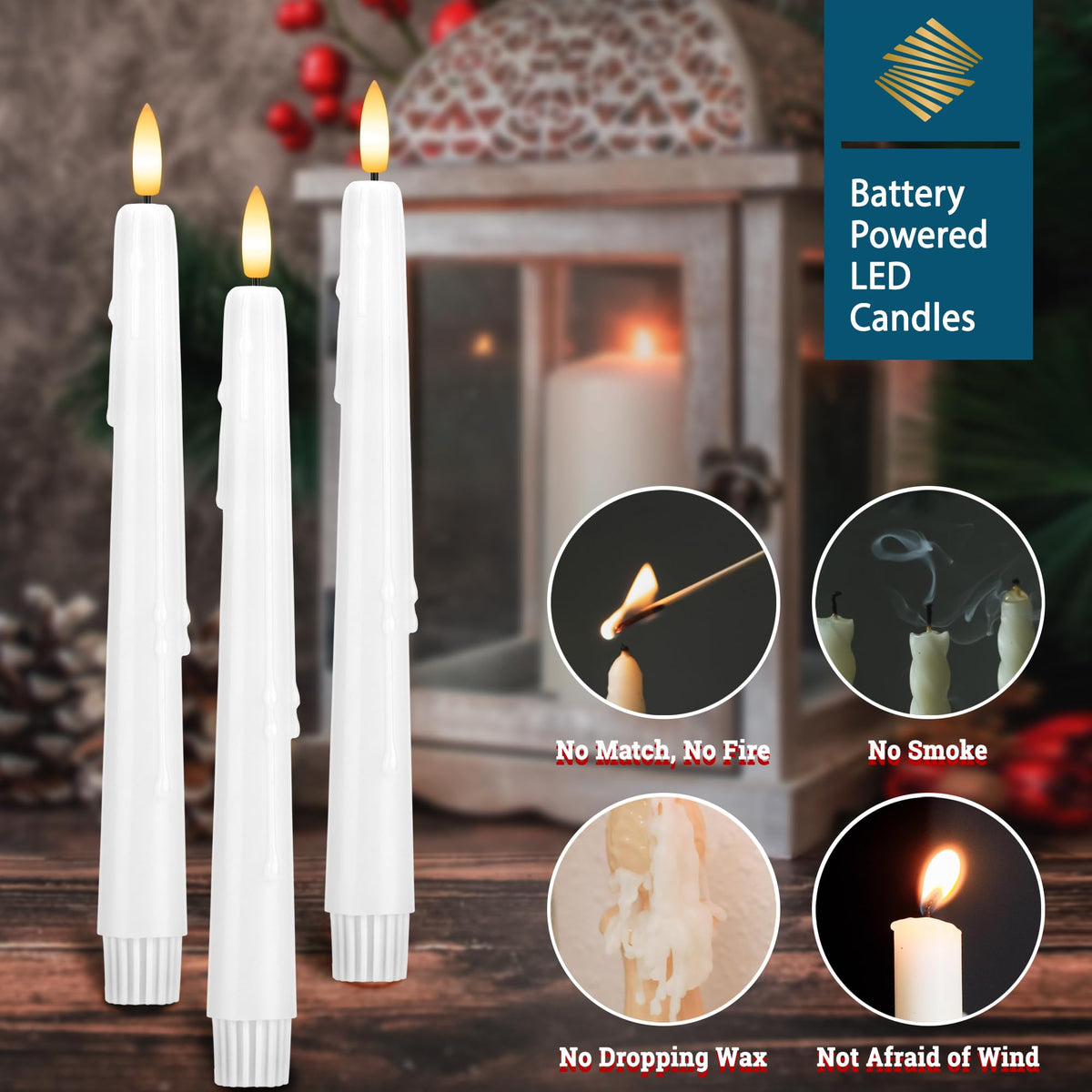 SEHNSY Dripless Flameless Taper Candles with Remote, Real Wax Battery Operated LED Candles Set with 3D Flickering Flame, 3Pcs White 9.6" Realistic Candlesticks as Mothers Day Gifts, Gifts for Mom