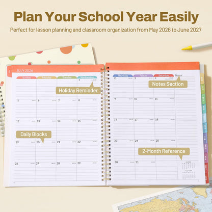 SUNEE Teacher Planner 2026-2027 Academic Year, 7 Periods Lesson Plan Book Jul 2026 - Jun 2027, 8.5"x11"Daily Weekly Monthly Organizers Horizontal Layout with Calendars, Bookmark, Tabs, Pastel Bubbles