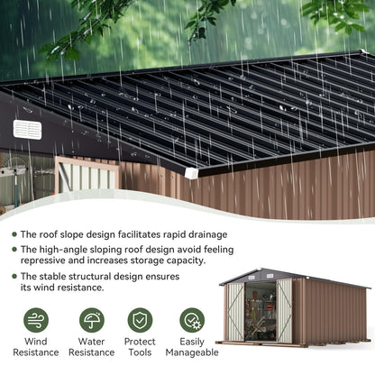 Aoxun 10 x 12FT Outdoor Storage Shed with Double Hinged Large Door Utility Garden Shed with Lockable Door & Sloped Roof Metal Sheds Outdoor Storage for Garden, Backyard, Patio and Backyard, Brown