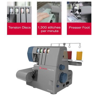 SINGER® X5004-HD Metal Frame Serger & Overlock Machine | 2-3-4 Stitch Capability, 8 Built-In Stitches, 1300 Stitches per Minute, Adjustable Differential Feed & 2 LED Lights (Grey/Blue)