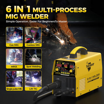 200A MIG Welder 110V/220V Dual Voltage 6 IN 1 MIG/Stick/Flux/Lift TIG Welder,Synergistic Control,LED Display,IGBT Portable Welding Machine for Steel Stainless Steel DIY & Fabrication