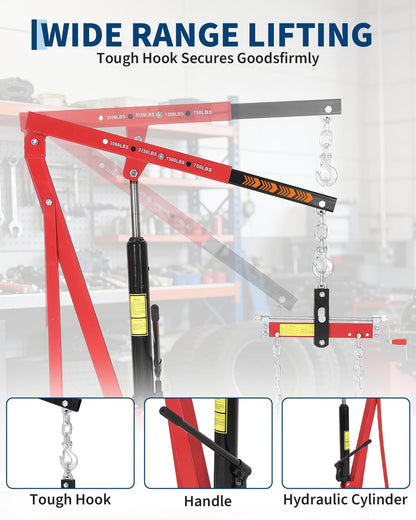 EliteEdge 1.5 Ton Hydraulic Engine Hoist, 3000 LBS Portable Shop Crane with Adjustable Telescopic Boom & 4 Casters, Heavy-Duty Cherry Picker for Garage, Warehouse, and Workshop Lifting, Red