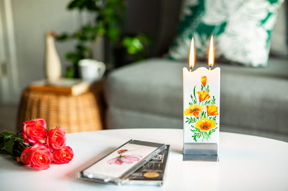 Flatyz Hand Painted Flat Candle| Unscented, Dripless, Smokeless, Decorative | Peacock | Double Wick with Metal Base | Unique Gift Idea and Home Décor Accent