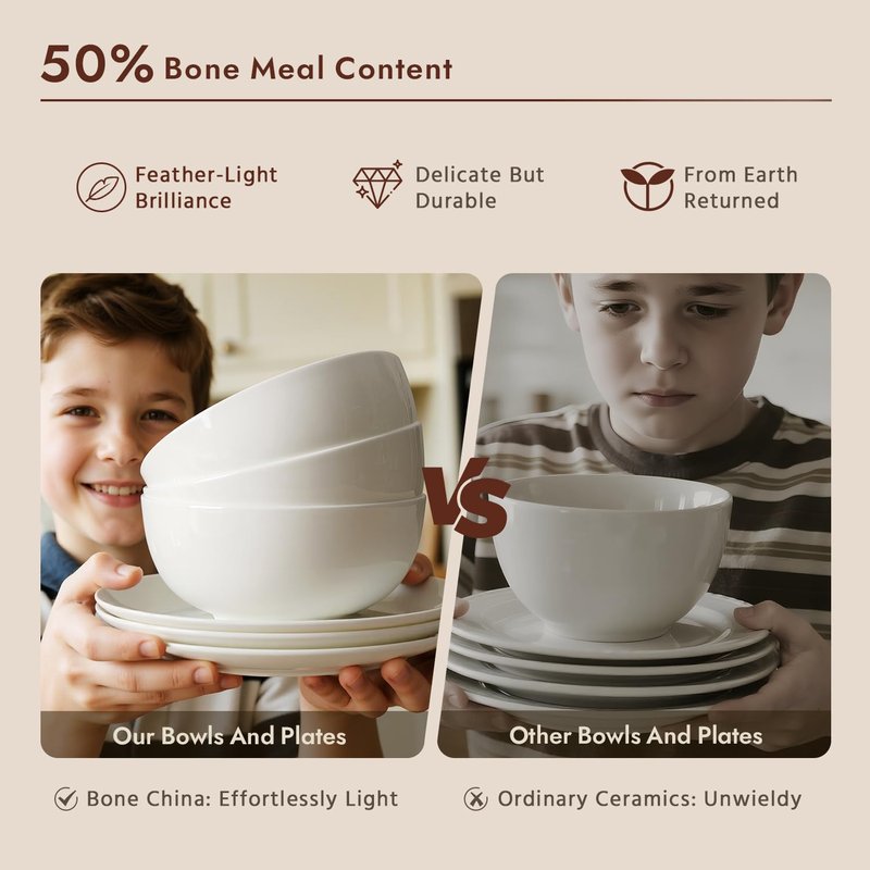 KINGSTONE 12-Piece Bone China Dinnerware Set for 4, Lightweight Porcelain Round Plates and Bowls Set, Durable Scratch Resistant Ceramic Dinner Set, Microwave & Dishwasher Safe, Ivory White