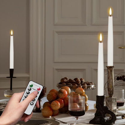 GenSwin Flameless Taper Candles, LED Taper Candles Battery Operated with Remote Timer, Set of 2 Real Wax White Flameless Candlesticks with 3D Flame for Home Weddin Party Holiday Decor (0.78” x 9.84”)