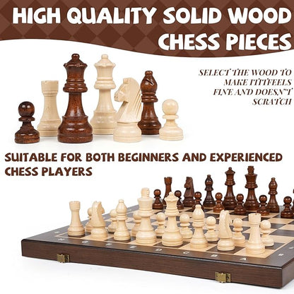15 Magnetic Wooden Chess Set for KidsAdults &amp Beginners with 3 King &amp 2 Extra Queens – Portable Folding Travel Chess Board with Storage – Classic Strategy Game