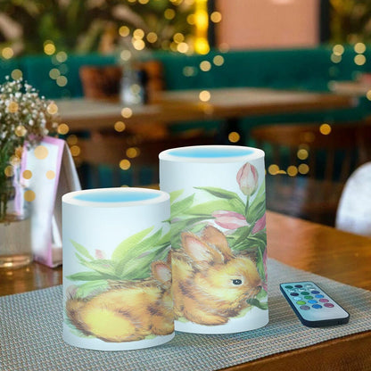 ALAZA Easter Funny Bunny Tulip Flowers Spring Flickering Flameless Candles Battery Operated with Remote Timer,Tea Light Candles LED Pillar Votive Candles Set of 2 for Outdoor Indoor Decorations